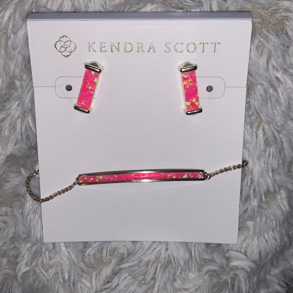 Kendra Scott hot pink kyocera opal Fletcher earrings and matching bracelet